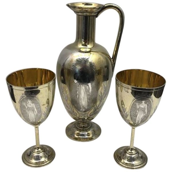 19th Century Silver and Gilt Ewer with Matching Goblets