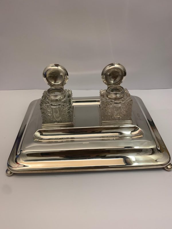 Double Glass Ink Stand on Silver Base by Mappin and Webb | Kalms Antiques