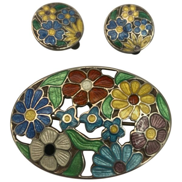 Silver and Floral Enamel Brooch and Clip-On Earrings Set