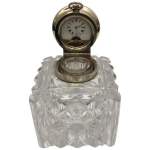 19th Century Glass and Silver Inkwell with a Clock in the Silver Lid