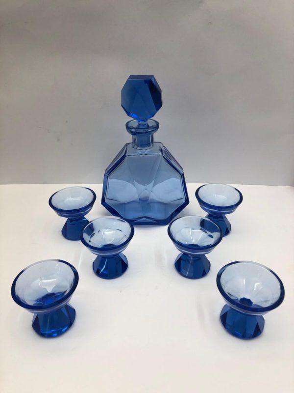 Blue Glass Decanter and 6 Small Glasses - main
