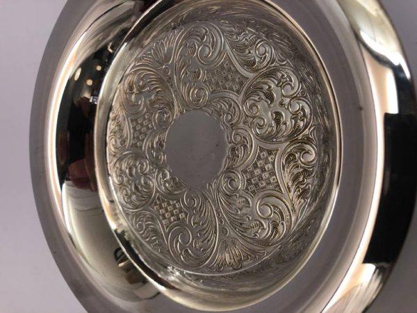 Silver Plate Circular Dish with Embossed Decoration & Broad Rim - close