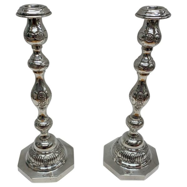 Two Antique Silver Candlesticks with Octagonal Bases, 1936, London
