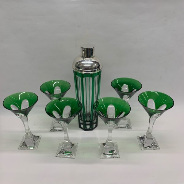 Green and Clear Martini Glass & Shaker with Silver Top - whole set