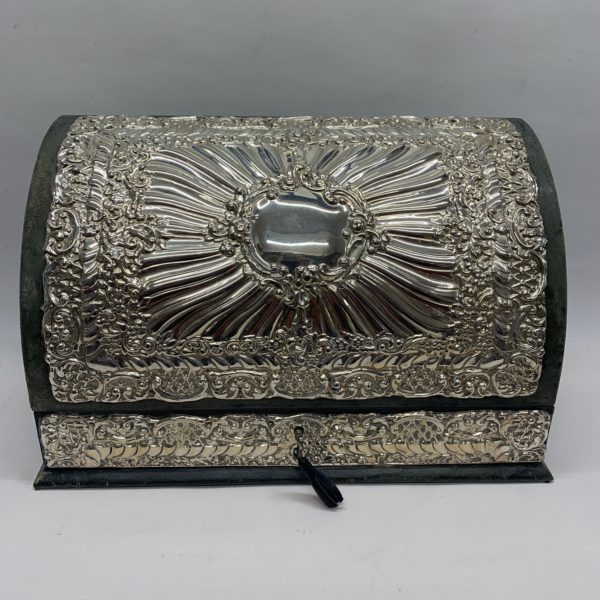 Silver And Green Leather Document Box With Key - closed