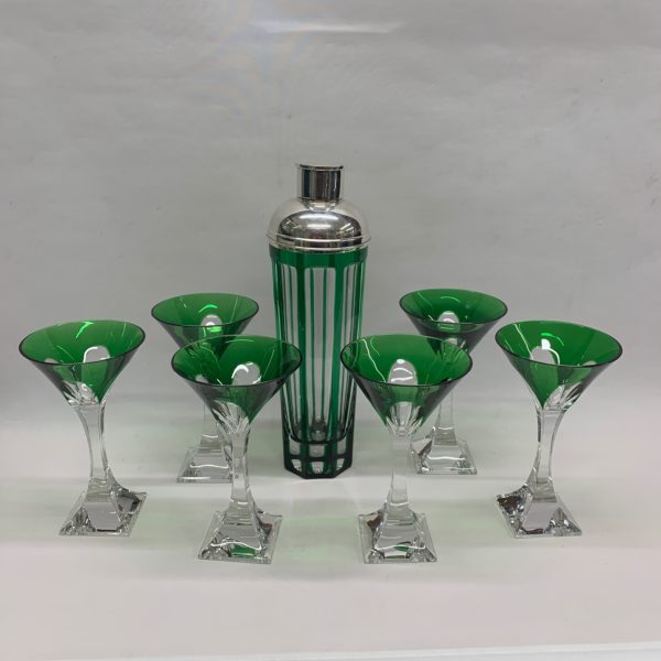 Green and Clear Martini Glass & Shaker with Silver Top - full collection