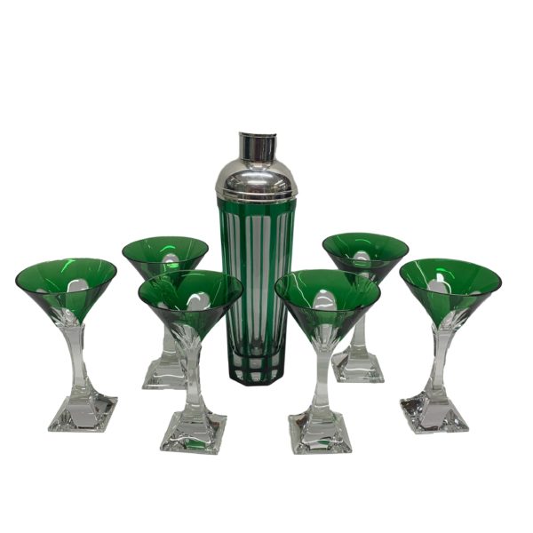 Green and Clear Martini Glass & Shaker with Silver Top
